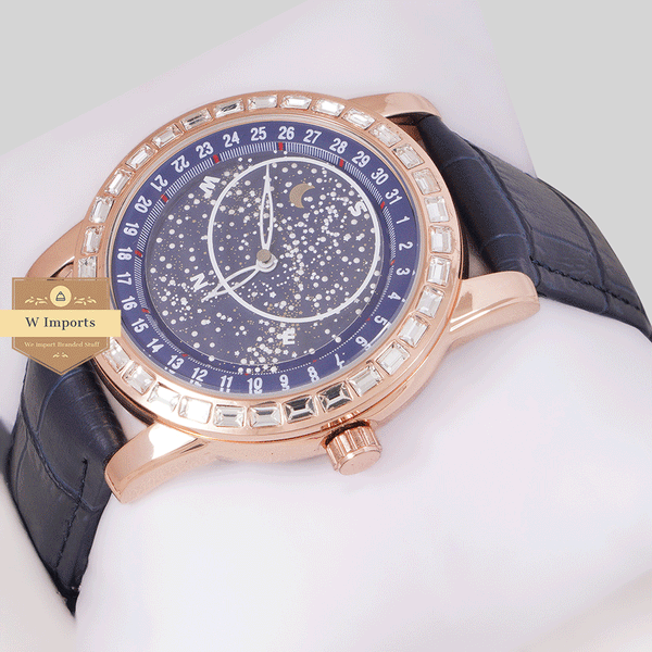 NEW COLLECTION ROSE GOLD WITH BLUE DAIL STONED BAZEL & LEATHER STRAP WATCH AUTOMATIC