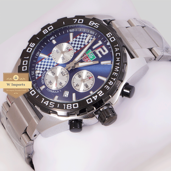 NEW CHRONOGRAPH COLLECTION SILVER WITH BLUE DAIL BLACK BAZEL & CHAIN WATCH