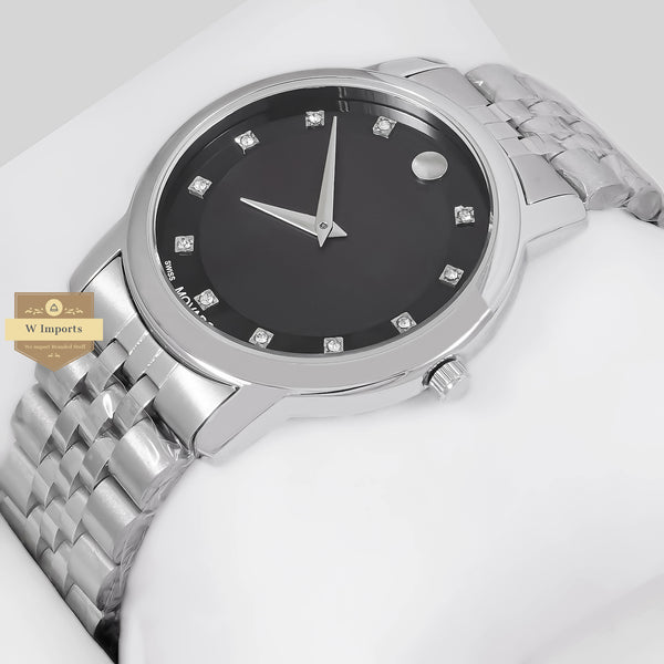 LATEST COLLECTION SILVER WITH BLACK DIAL WITH STONE INDEX CHAIN WATCH