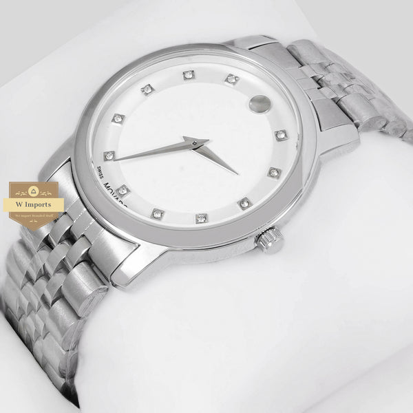 LATEST COLLECTION SILVER WITH WHITE DIAL WITH STONE INDEX CHAIN WATCH