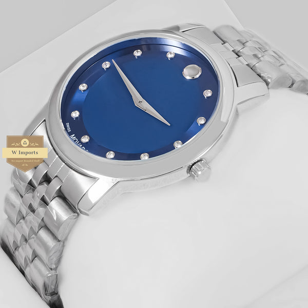 LATEST COLLECTION SILVER WITH BLUE DIAL WITH STONE INDEX CHAIN WATCH
