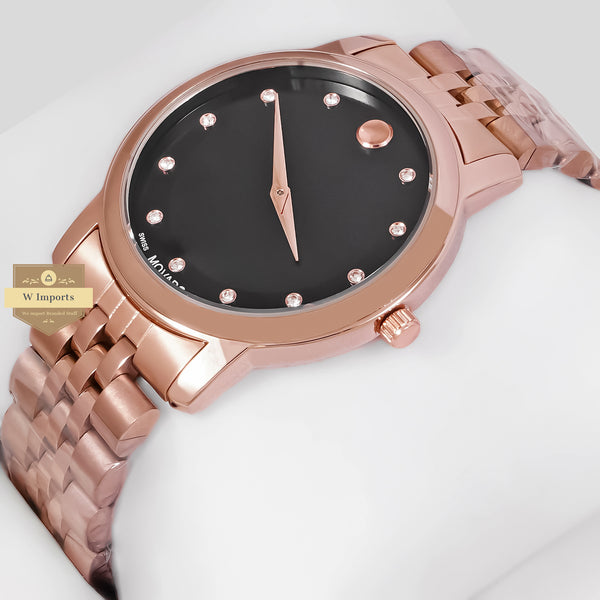 LATEST COLLECTION ROSE GOLD WITH BLACK DIAL AND STONE INDEX CHAIN WATCH