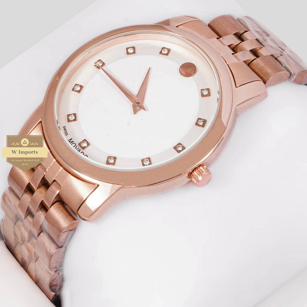 LATEST COLLECTION ROSE GOLD WITH WHITE DIAL AND STONE INDEX CHAIN WATCH