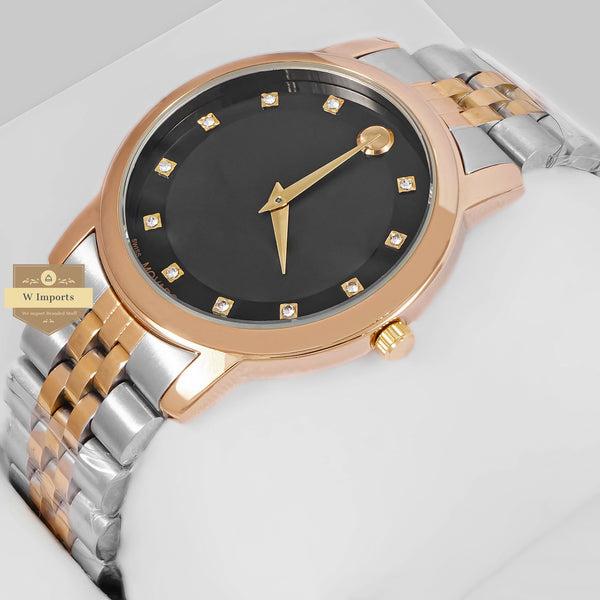 LATEST COLLECTION TWO TONE YELLOW GOLD WITH BLACK DIAL AND STONE INDEX CHAIN WATCH