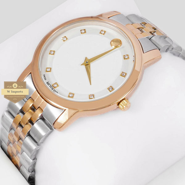 LATEST COLLECTION TWO TONE YELLOW GOLD WITH WHITE DIAL AND STONE INDEX CHAIN WATCH