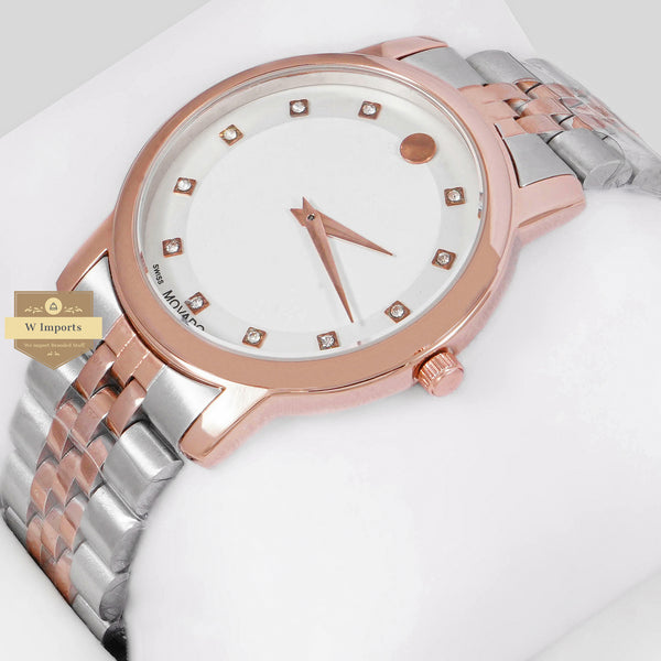 LATEST COLLECTION TWO TONE ROSE GOLD WITH WHITE DIAL AND STONE INDEX CHAIN WATCH