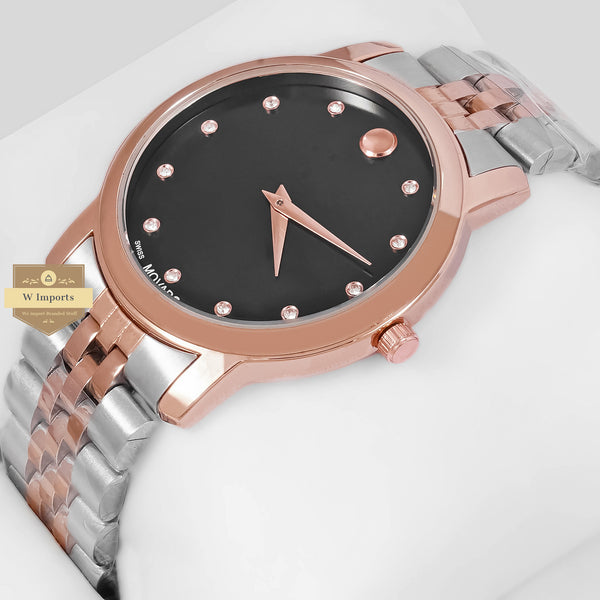 LATEST COLLECTION TWO TONE ROSE GOLD WITH BLACK DIAL AND STONE INDEX CHAIN WATCH