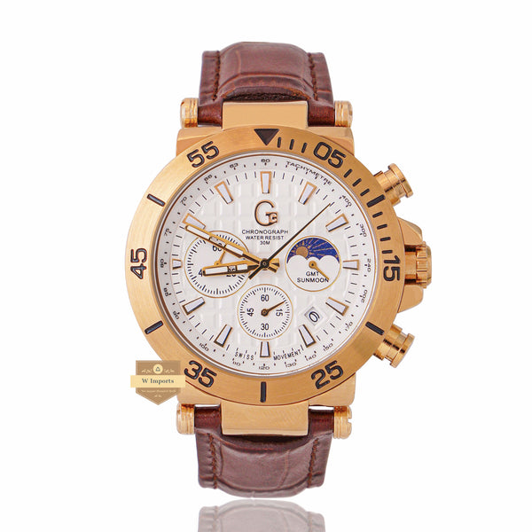 NEW CHRONOGRAPH COLLECTION GOLD WITH WHITE DAIL & LEATHER STRAP WATCH