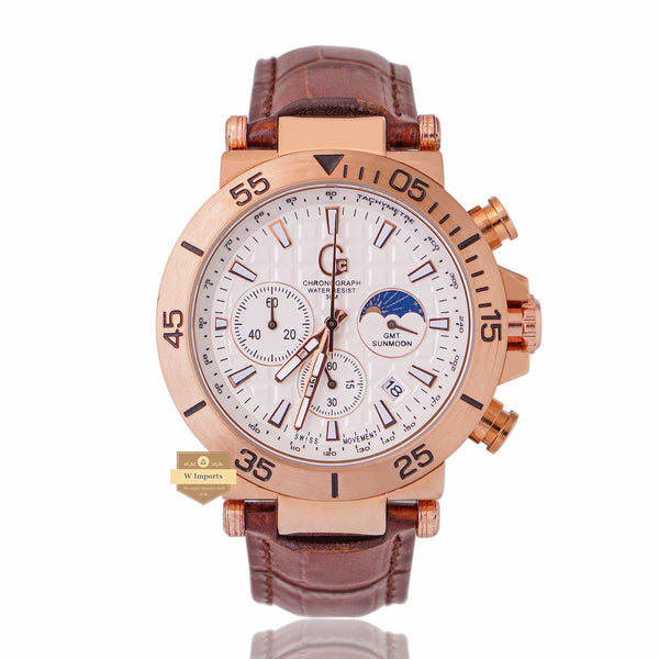 NEW CHRONOGRAPH COLLECTION ROSE GOLD WITH WHITE DAIL & LEATHER STRAP WATCH