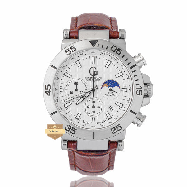 NEW CHRONOGRAPH COLLECTION SILVER WITH WHITE DAIL & LEATHER STRAP WATCH