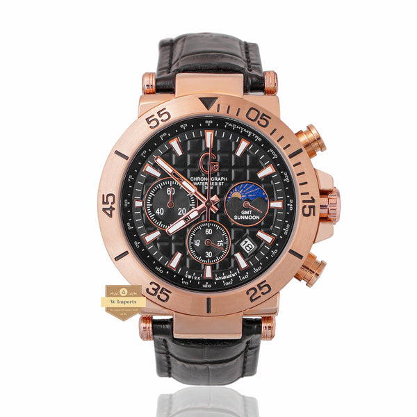 NEW CHRONOGRAPH COLLECTION ROSE GOLD WITH BLACK DAIL & LEATHER STRAP WATCH