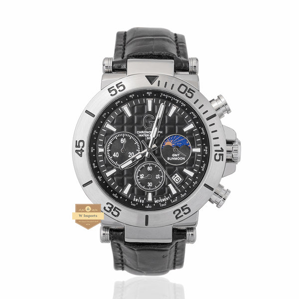 NEW CHRONOGRAPH COLLECTION SILVER WITH BLACK DAIL & LEATHER STRAP WATCH