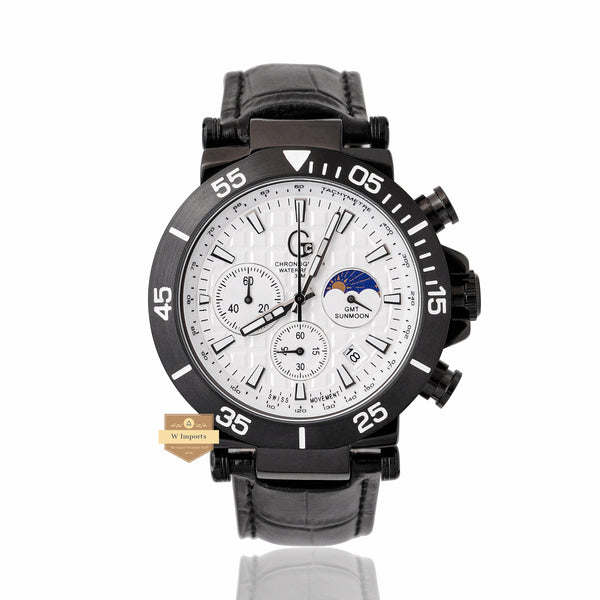 NEW CHRONOGRAPH COLLECTION ALL BLACK WITH WHITE DAIL & LEATHER STRAP WATCH