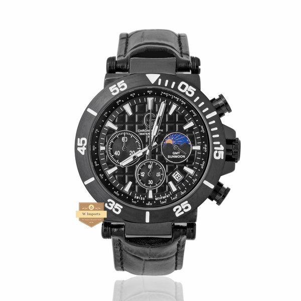 NEW CHRONOGRAPH COLLECTION ALL BLACK WITH BLACK DAIL & LEATHER STRAP WATCH