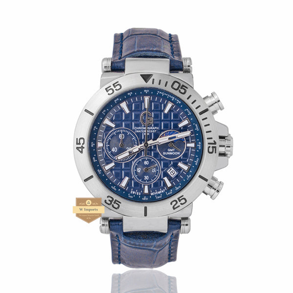 NEW CHRONOGRAPH COLLECTION SILVER WITH BLUE DAIL & LEATHER STRAP WATCH