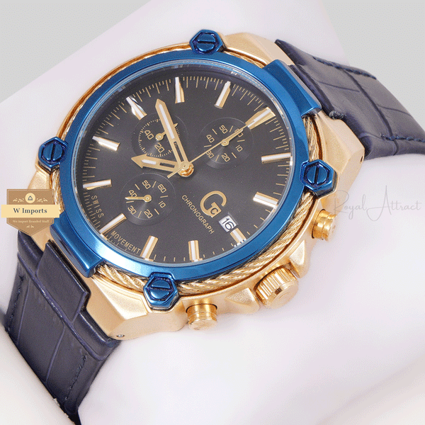 NEW CHRONOGRAPH COLLECTION GOLD BLUE RING WITH BLACK DAIL & LEATHER STRAP WATCH