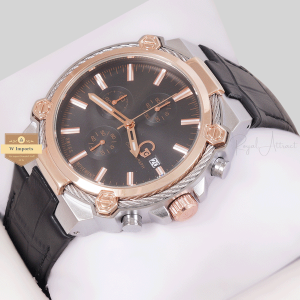 NEW CHRONOGRAPH COLLECTIONTWO TONE ROSE GOLD WITH BLACK DAIL & LEATHER STRAP WATCH