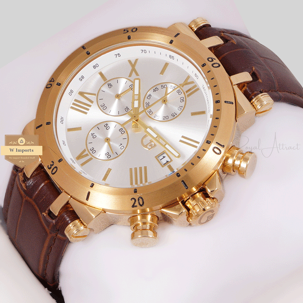 NEW LATEST CHRONOGRAPH COLLECTION GOLD WITH SILVER ROMAN DAIL & LEATHER STRAP WATCH