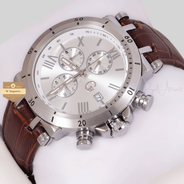 NEW LATEST CHRONOGRAPH COLLECTION ALL SILVER WITH SILVER ROMAN DAIL & LEATHER STRAP WATCH