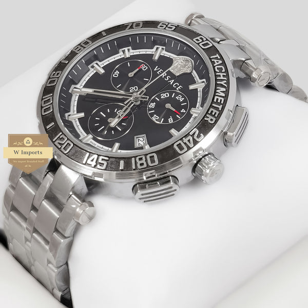 LATEST COLLECTION CHRONOGRAPH SILVER WITH BLACK DIAL CHAIN WATCH