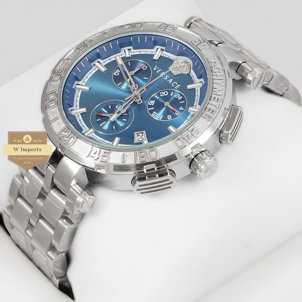 LATEST COLLECTION CHRONOGRAPH SILVER WITH BLUE DIAL CHAIN WATCH