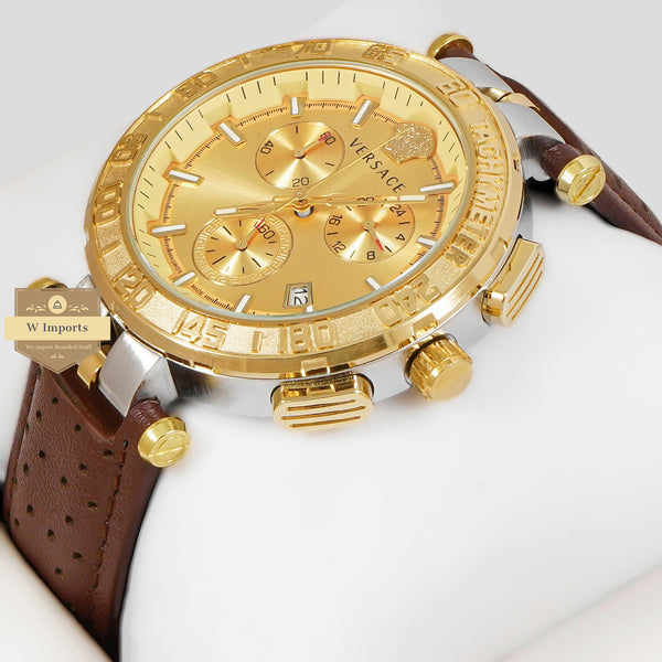 LATEST COLLECTION CHRONOGRAPH SILVER CASE WITH YELLOW GOLD BEZEL AND BROWN LEATHER STRAP