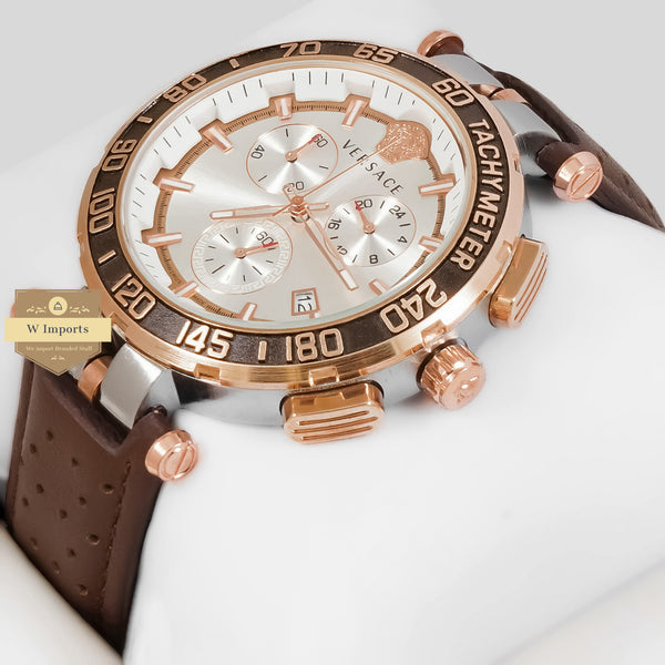 LATEST COLLECTION CHRONOGRAPH SILVER CASE WITH ROSE GOLD BEZEL AND BROWN LEATHER STRAP