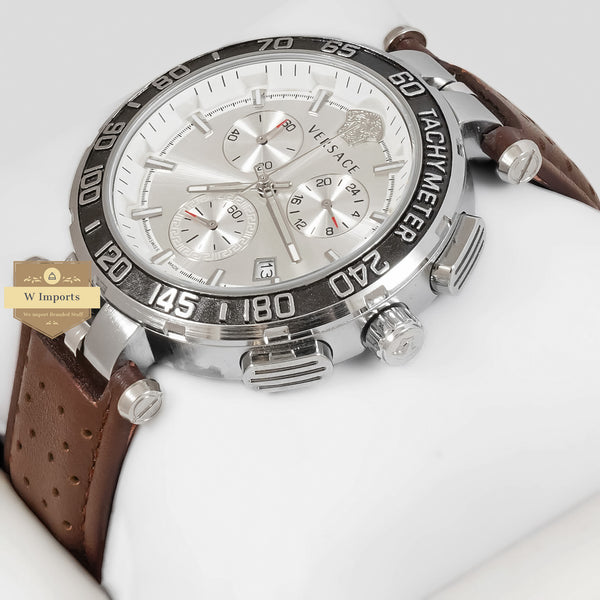 LATEST COLLECTION CHRONOGRAPH SILVER CASE WITH DIAL AND BROWN LEATHER STRAP