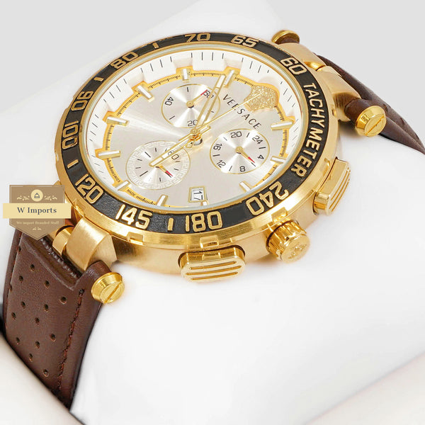 LATEST COLLECTION CHRONOGRAPH YELLOW GOLD CASE WITH WHITE DIAL AND BROWN LEATHER STRAP