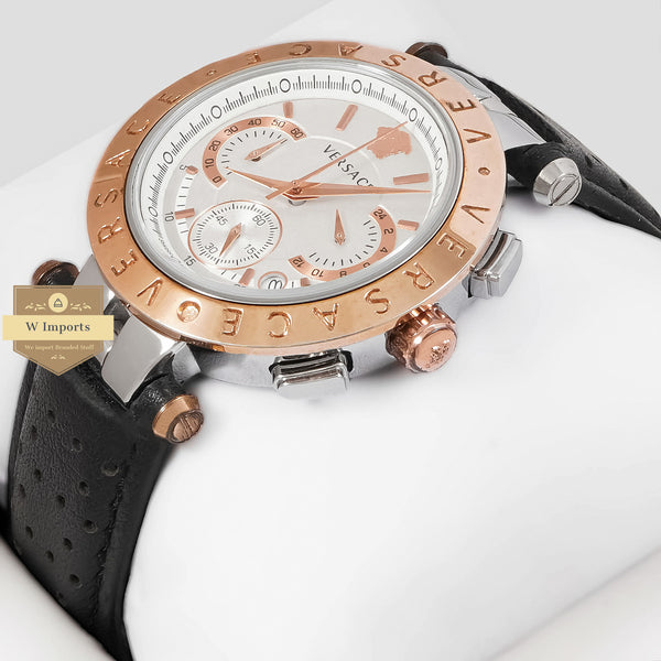 LATEST COLLECTION CHRONOGRAPH SILVER CASE WITH ROSE GOLD BEZEL AND BLACK LEATHER STRAP
