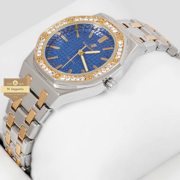 Latest Collection Two Tone Yellow Gold With Blue Dial & Stone Bezel Ladies Watch