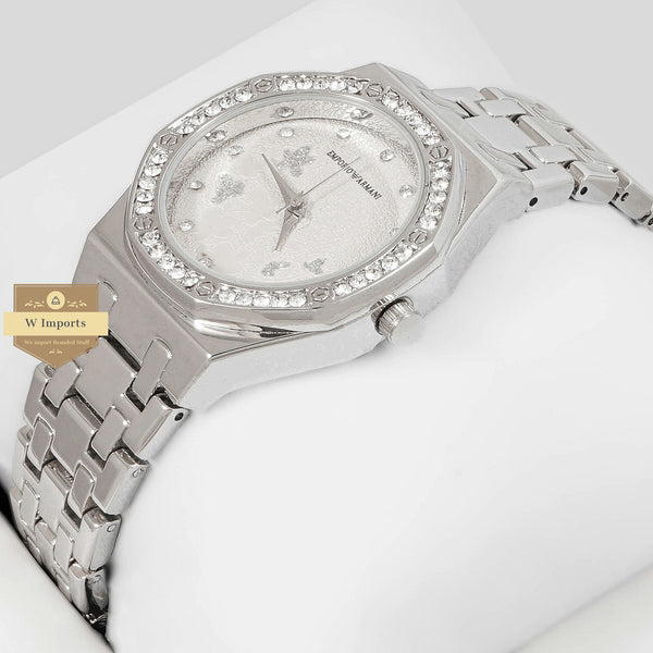 Latest Collection Classic All Silver with dial With Stone Bezel Ladies Watch