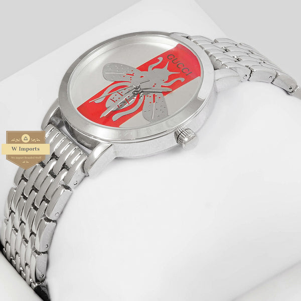Latest Collection Butterfly Silver With White & Red Dial Ladies Watch