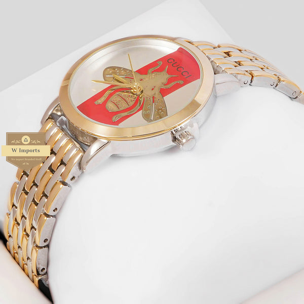 Latest Collection Butterfly Two Tone Yellow Gold With White & Red Dial Ladies Watch