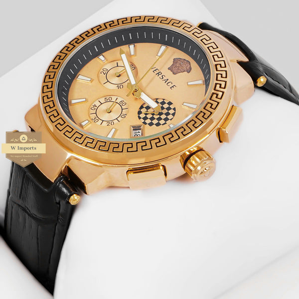 LATEST COLLECTION CHRONOGRAPH YELLOW GOLD CASE WITH DIAL AND BLACK LEATHER STRAP