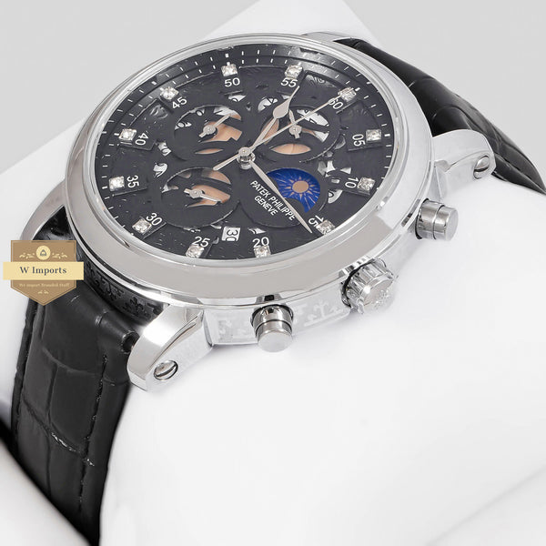 Latest Collection Chronograph Silver Case With Black Dial & Leather Strap