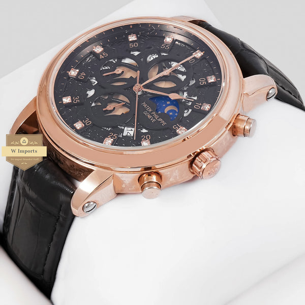 Latest Collection Chronograph Rose Gold Case With Black Dial & Leather Strap