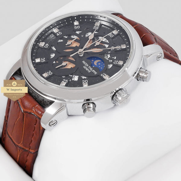Latest Collection Chronograph Silver Case With Black Dial & Brown Leather Strap