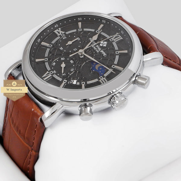 Latest Collection Chronograph Silver Case With Black Dial & Brown Leather Strap