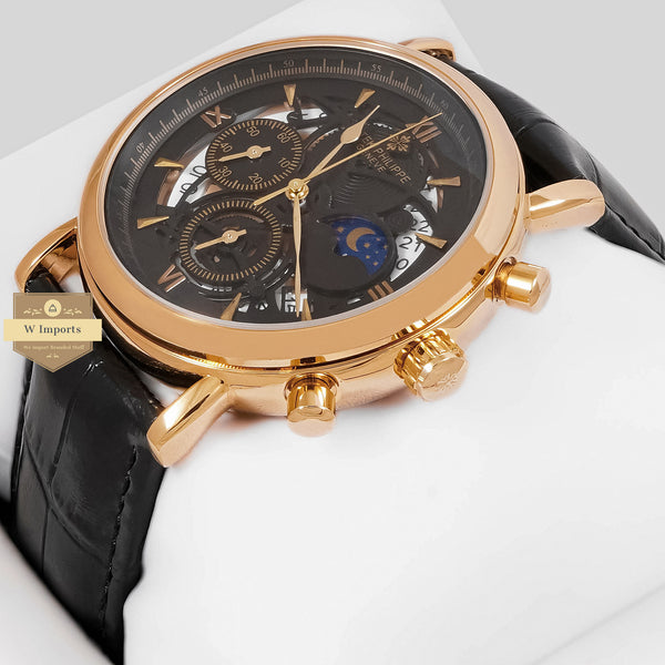 Latest Collection Chronograph Rose Gold Case With Black Dial & Black Leather Strap