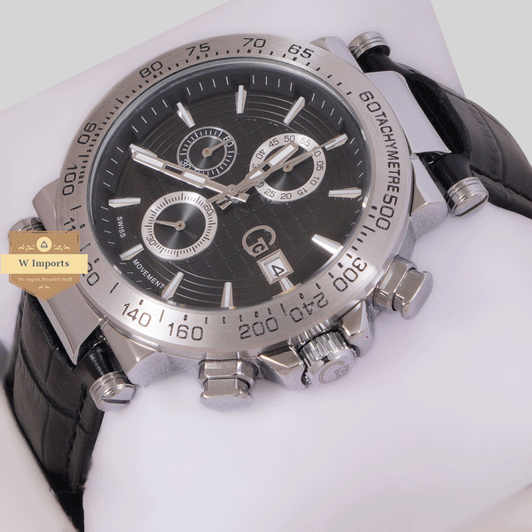 CHRONOGRAPH COLLECTION SILVER CASE WITH BLACK DAIL & LEATHER STRAP