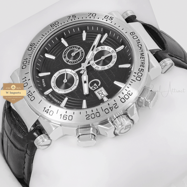 CHRONOGRAPH COLLECTION SILVER CASE WITH BLACK DAIL & LEATHER STRAP