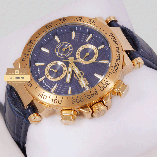 CHRONOGRAPH COLLECTION GOLD CASE WITH BLUE DAIL & LEATHER STRAP