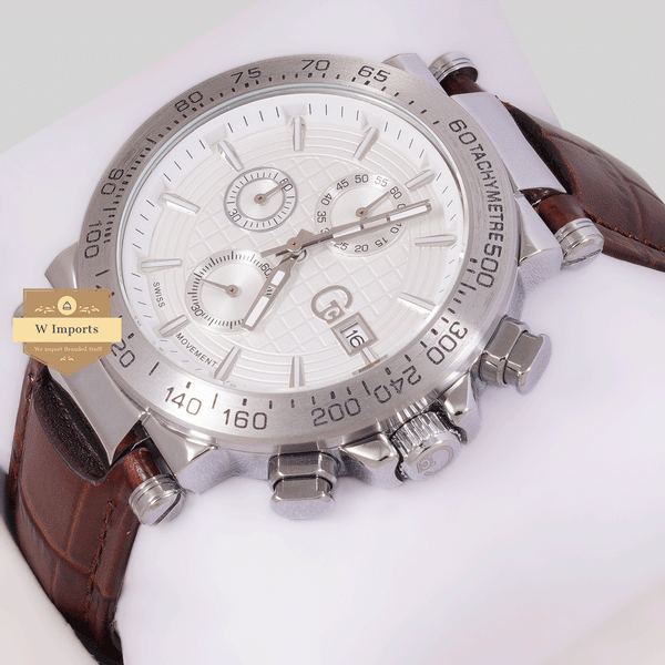 CHRONOGRAPH COLLECTION SILVER CASE WITH WHITE DAIL & LEATHER STRAP