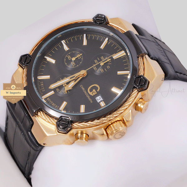 NEW CHRONOGRAPH COLLECTION TWO TONE GOLD BLACK WITH BLACK DAIL & LEATHER STRAP WATCH