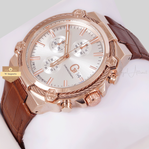 NEW CHRONOGRAPH COLLECTION ROSE GOLD WITH SILVER DAIL & LEATHER STRAP WATCH