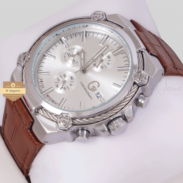NEW CHRONOGRAPH COLLECTION SILVER  WITH SILVER DAIL & LEATHER STRAP WATCH