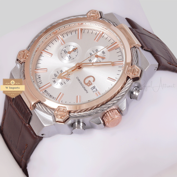 NEW CHRONOGRAPH COLLECTION TWO TONE ROSE GOLD WITH SILVER DAIL & LEATHER STRAP WATCH