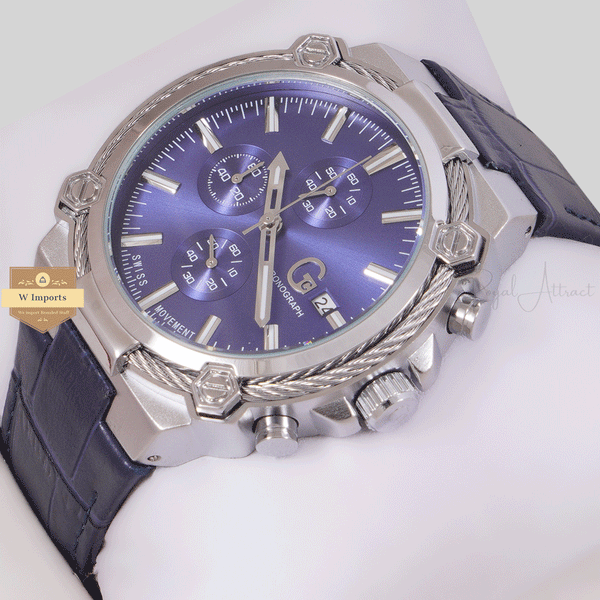 NEW CHRONOGRAPH COLLECTION SILVER WITH BLUE DAIL & LEATHER STRAP WATCH