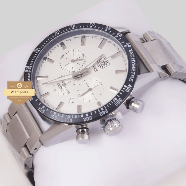 CHRONOGRAPH COLLECTION SILVER WITH WHITE DAIL MAT BAZEL CHAIN WATCH